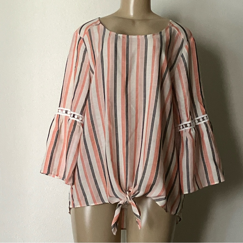 Alyx Front Tie Bell Sleeve Peasant Boho Top L Coral Gray Striped Pullover Shirt